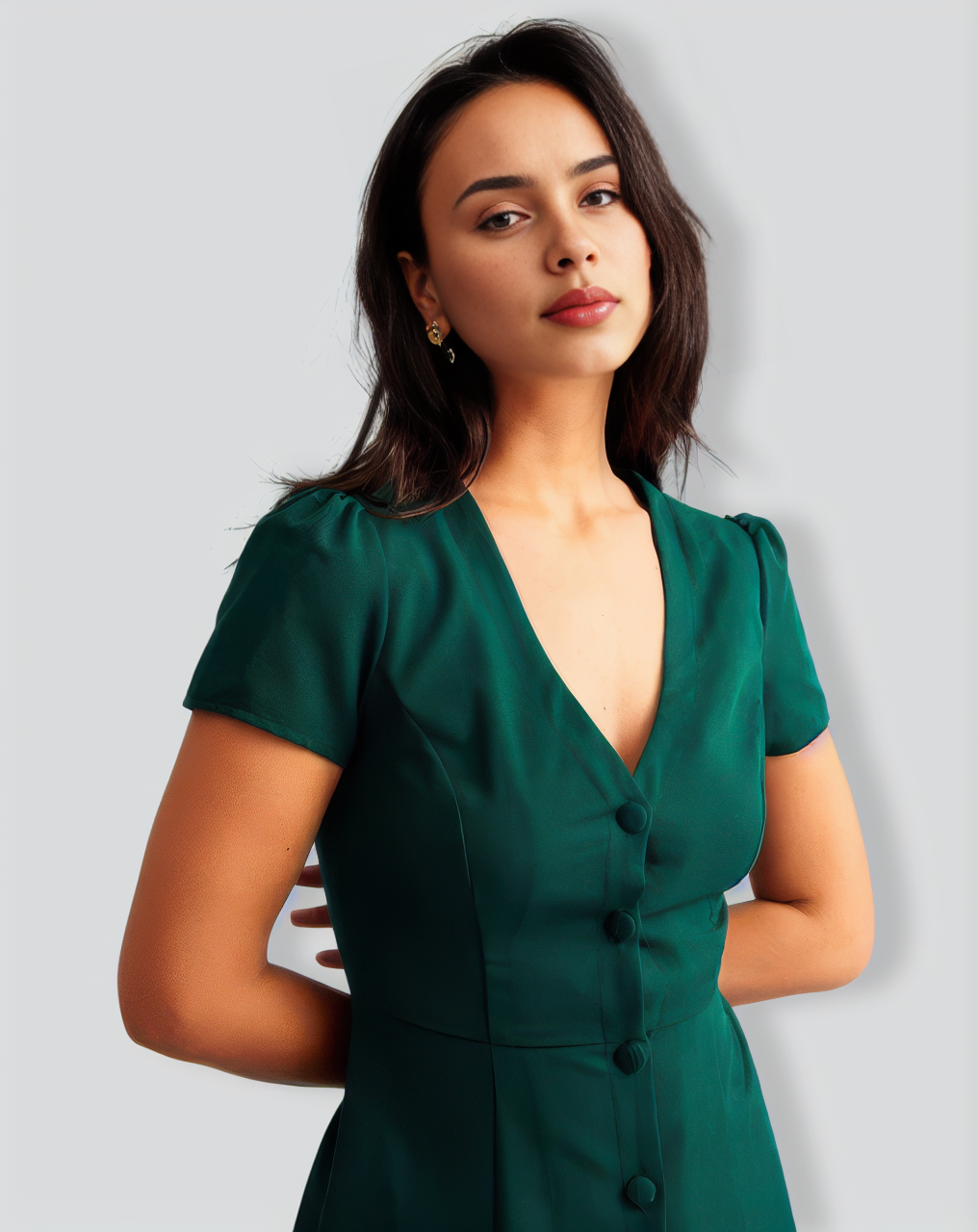 Dark Green V-Neck Button-up Shirt Mini Dress