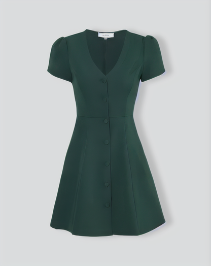 Dark Green V-Neck Button-up Shirt Mini Dress