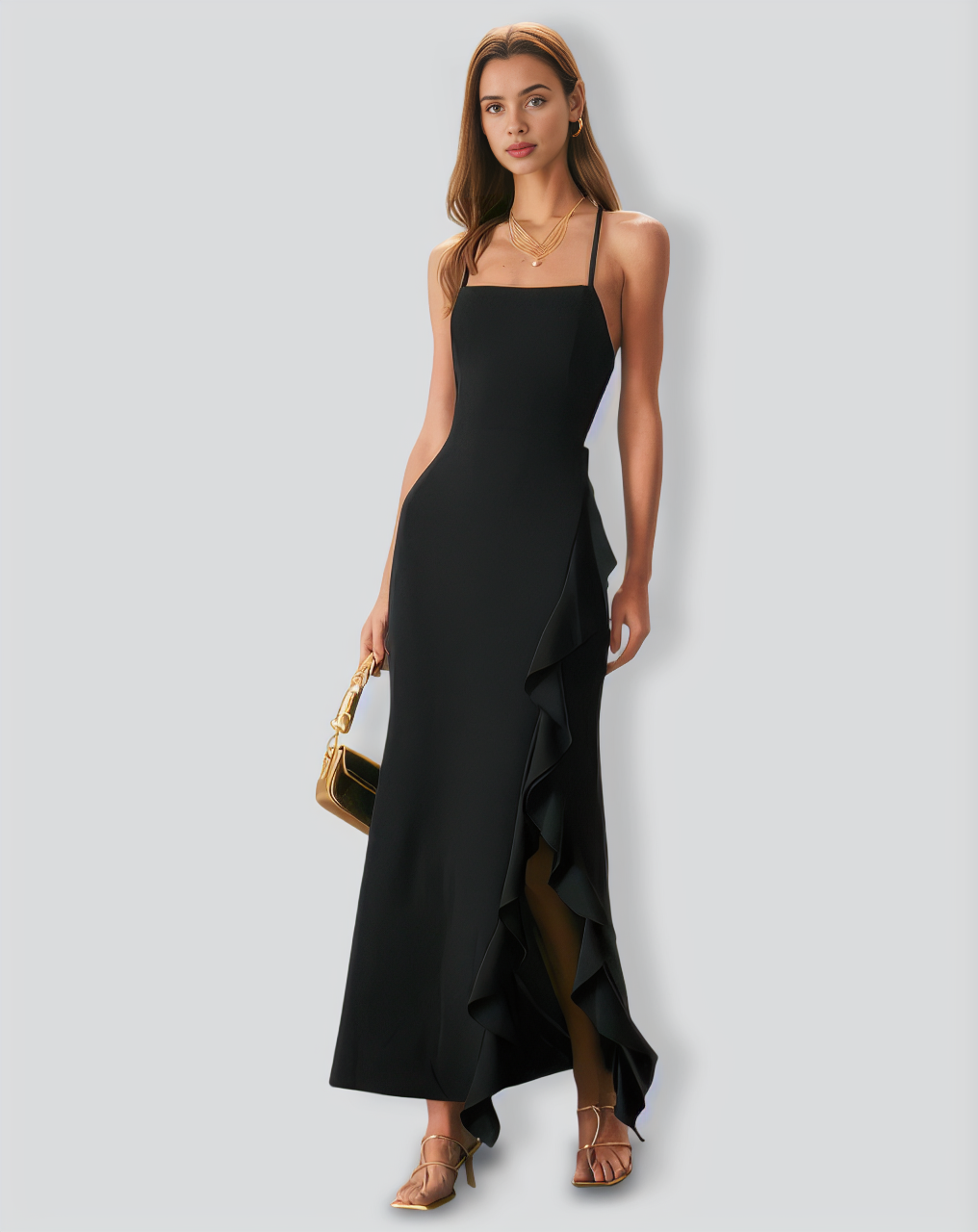 The Black Ruffle Cross Back Strap Maxi Dress