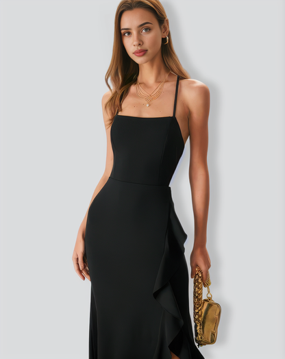 The Black Ruffle Cross Back Strap Maxi Dress