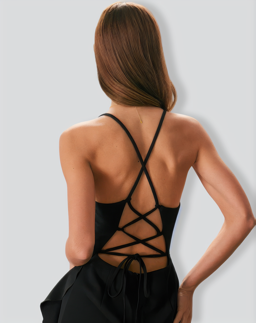 The Black Ruffle Cross Back Strap Maxi Dress