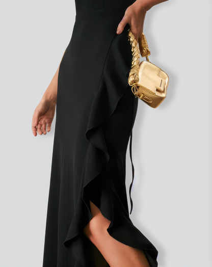 The Black Ruffle Cross Back Strap Maxi Dress
