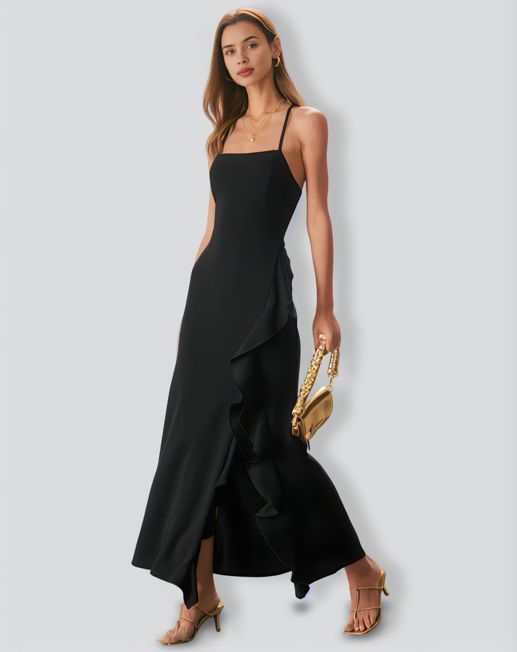 The Black Ruffle Cross Back Strap Maxi Dress