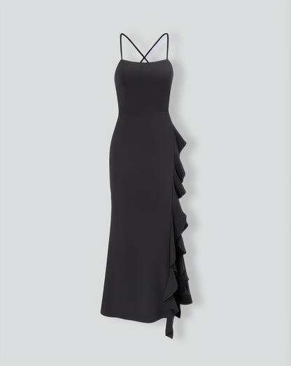 The Black Ruffle Cross Back Strap Maxi Dress