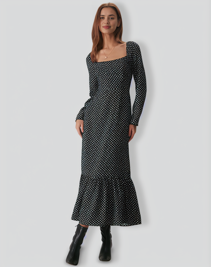 The Black Square Neck Polka Dot Maxi Dress