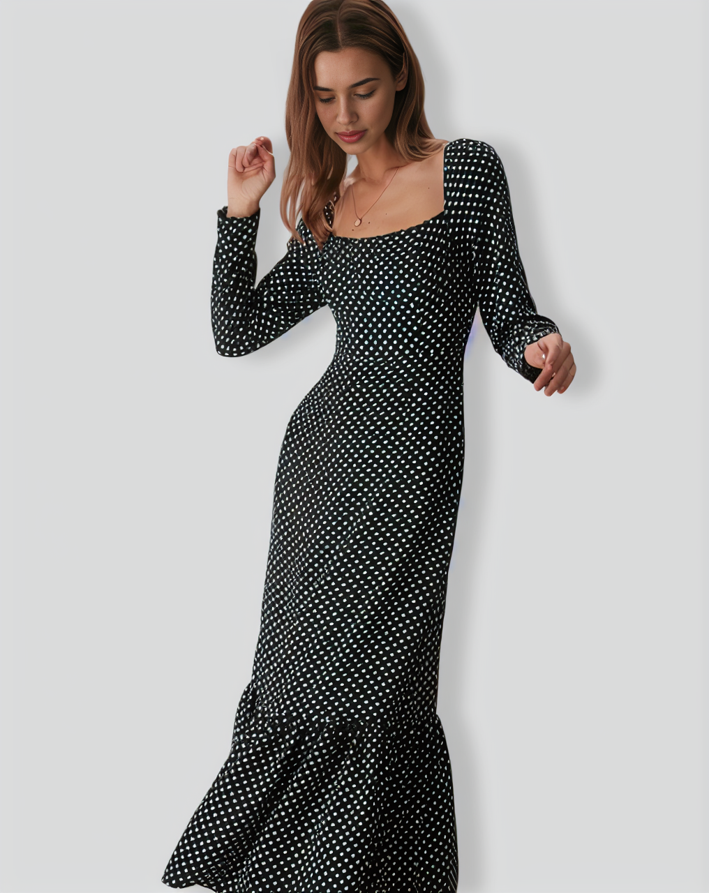 The Black Square Neck Polka Dot Maxi Dress