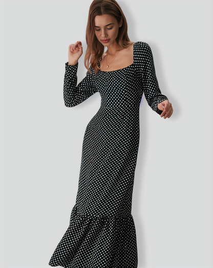 The Black Square Neck Polka Dot Maxi Dress