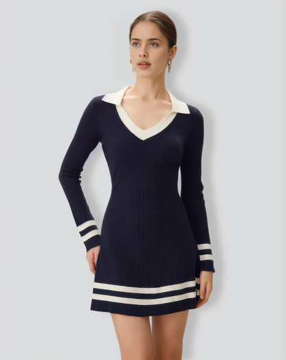 Navy Contrasting V Neck Striped Sweater Dress