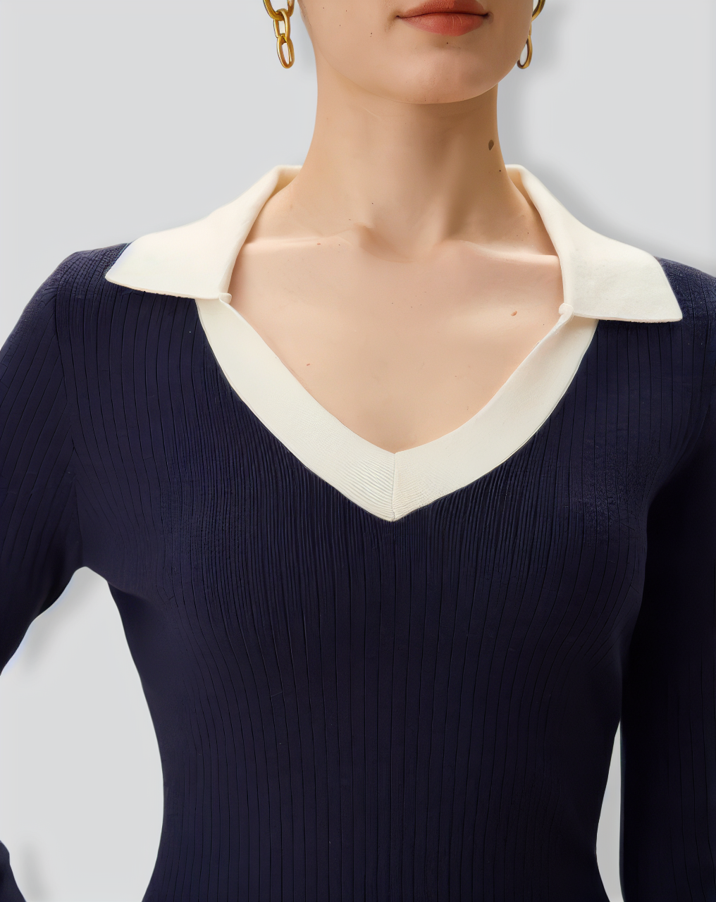 Navy Contrasting V Neck Striped Sweater Dress