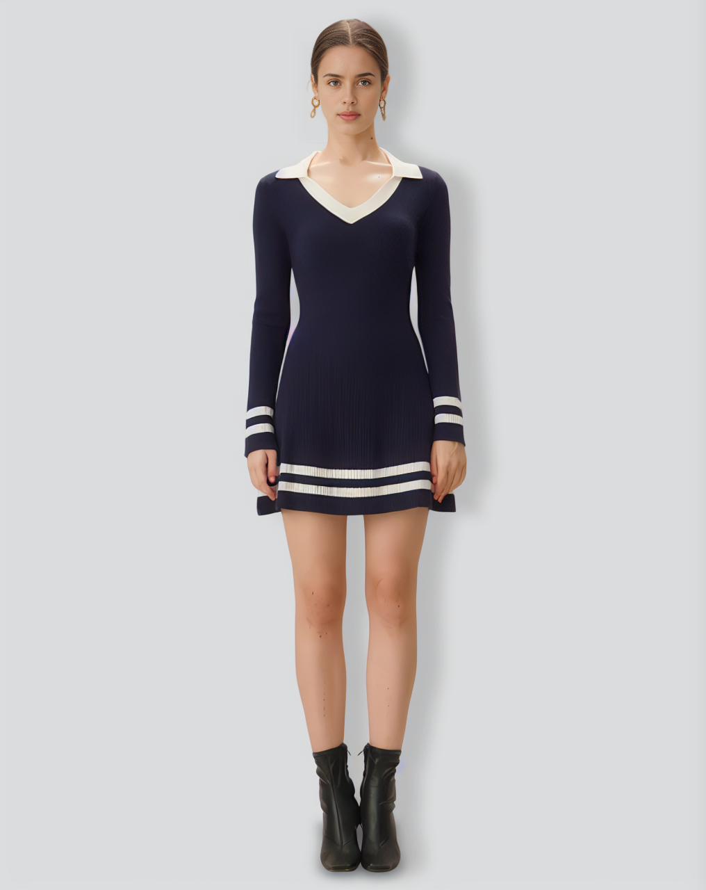 Navy Contrasting V Neck Striped Sweater Dress