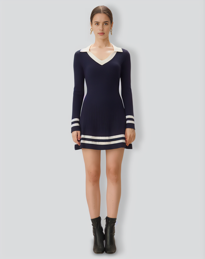 Navy Contrasting V Neck Striped Sweater Dress