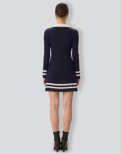 Navy Contrasting V Neck Striped Sweater Dress