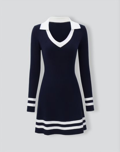 Navy Contrasting V Neck Striped Sweater Dress