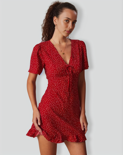The Red V Neck Polka Dot Flounce Mini Dress