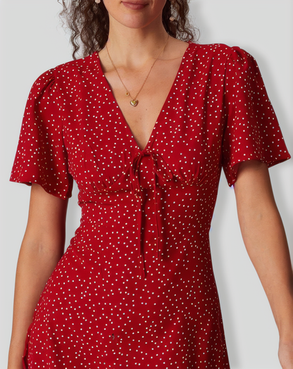 The Red V Neck Polka Dot Flounce Mini Dress