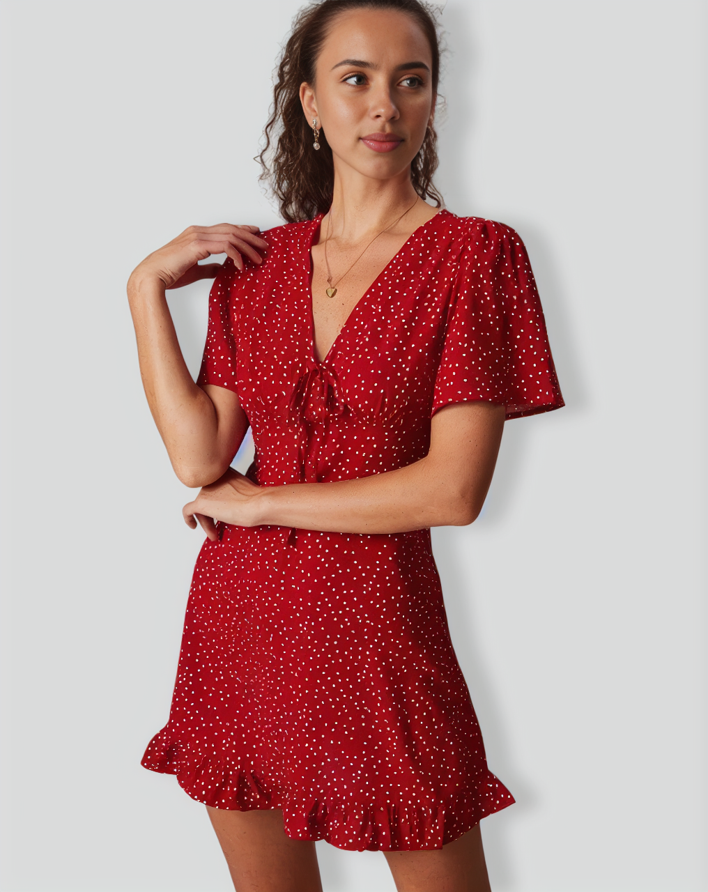 The Red V Neck Polka Dot Flounce Mini Dress