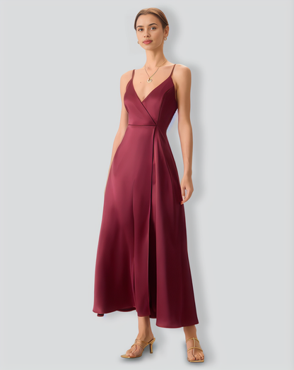 Red Satin Slit Maxi Dress