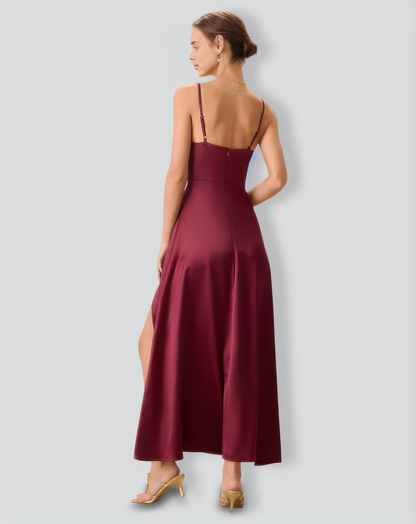 Red Satin Slit Maxi Dress