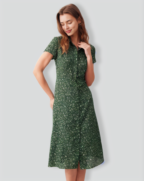 The Green Lapel Button Up Floral Midi Dress