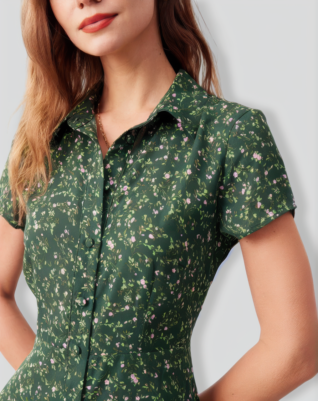 The Green Lapel Button Up Floral Midi Dress
