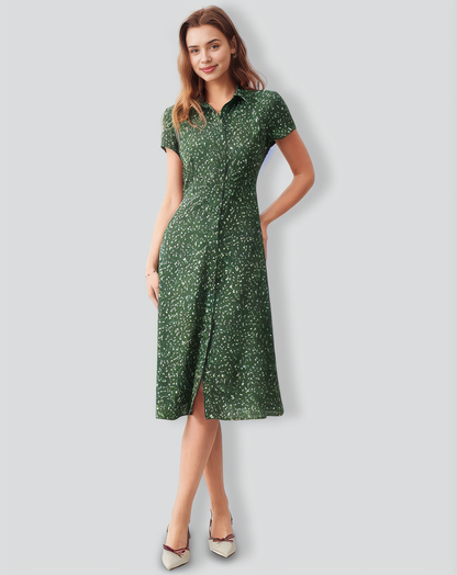 The Green Lapel Button Up Floral Midi Dress