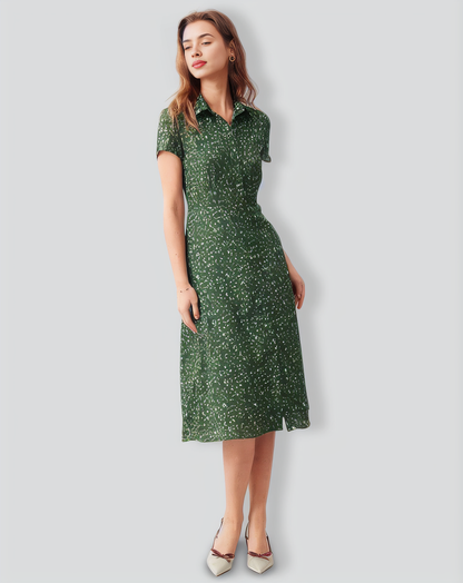 The Green Lapel Button Up Floral Midi Dress
