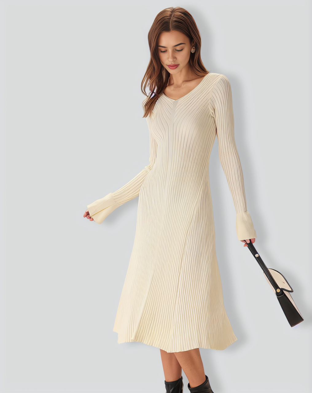 Apricot V-Neck Bell Sleeve Sweater Dress