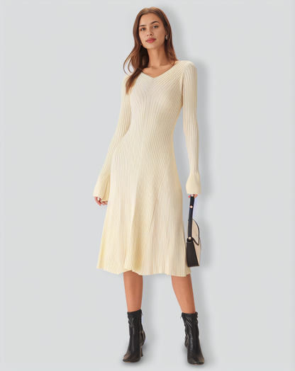 Apricot V-Neck Bell Sleeve Sweater Dress