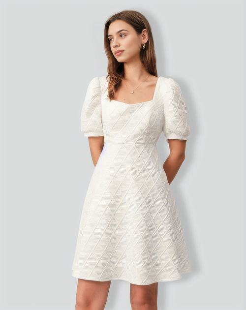 The Solid Textured Puff Sleeve Mini Dress
