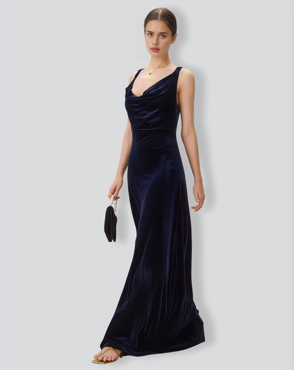 Navy Cowl Neck Velvet Maxi Dress