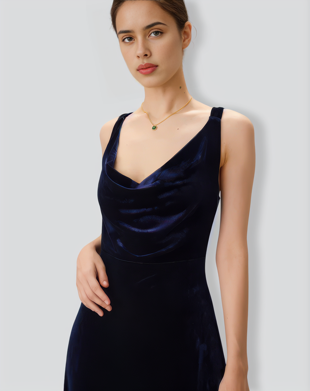 Navy Cowl Neck Velvet Maxi Dress