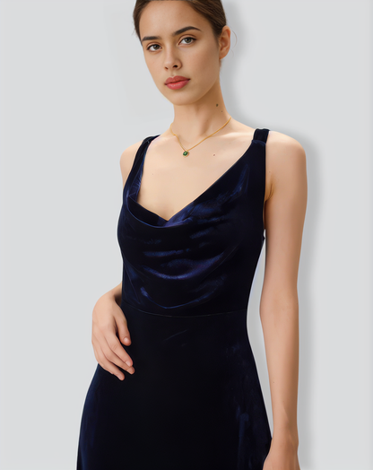 Navy Cowl Neck Velvet Maxi Dress