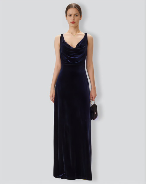 Navy Cowl Neck Velvet Maxi Dress