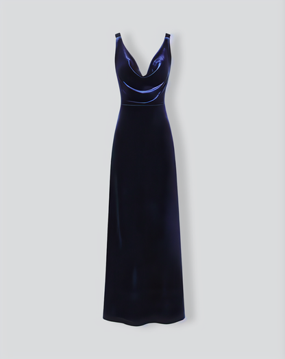 Navy Cowl Neck Velvet Maxi Dress