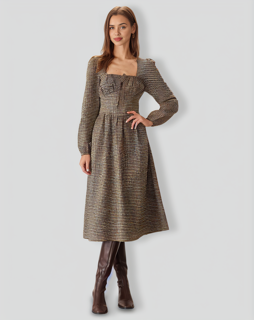 Brown Plaid Square Neck Ruched Midi Dress