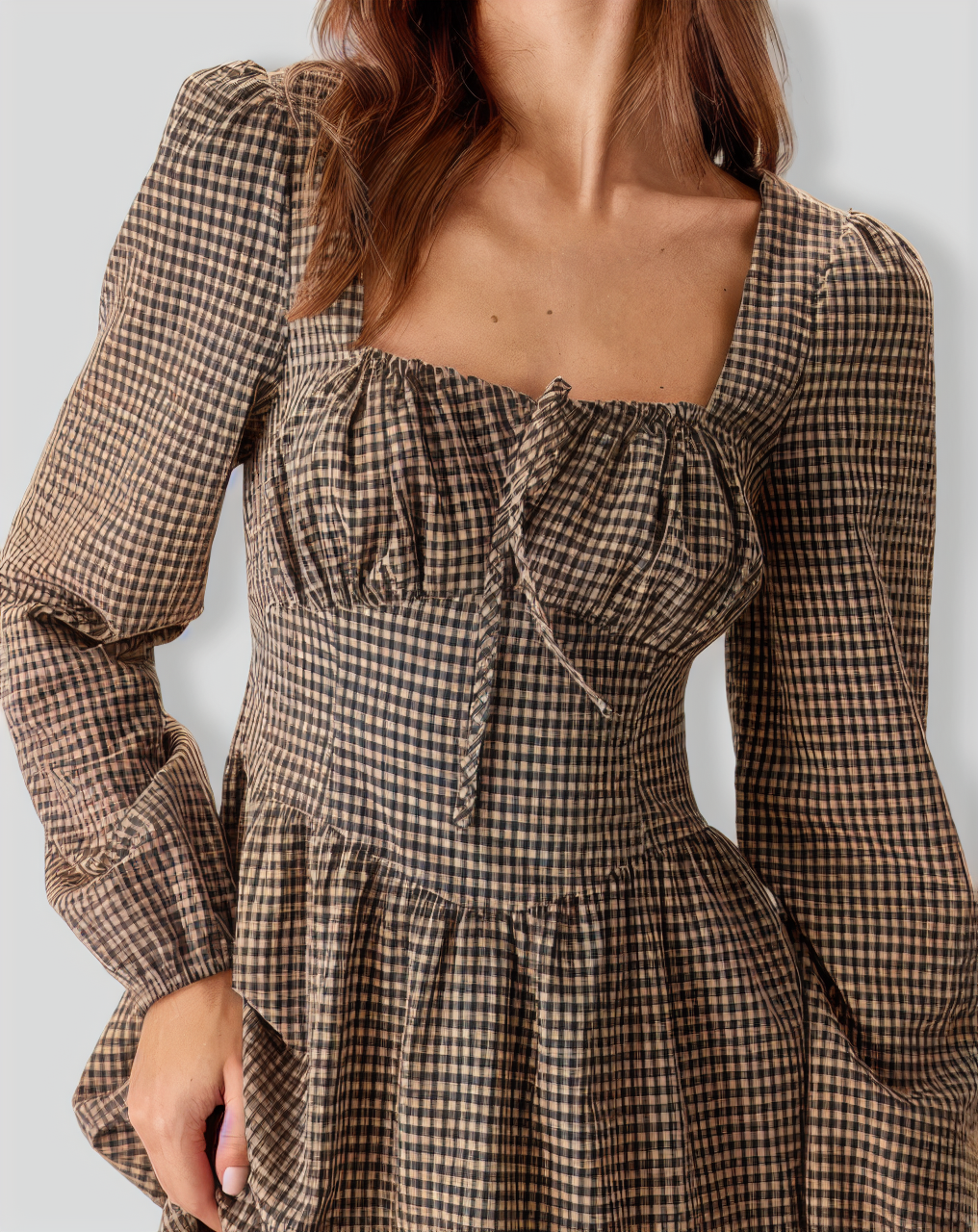 Brown Plaid Square Neck Ruched Midi Dress