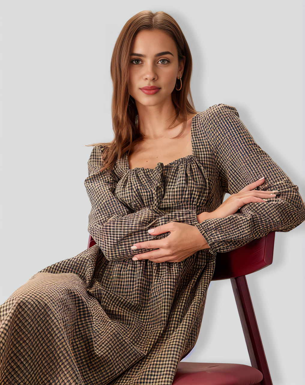 Brown Plaid Square Neck Ruched Midi Dress