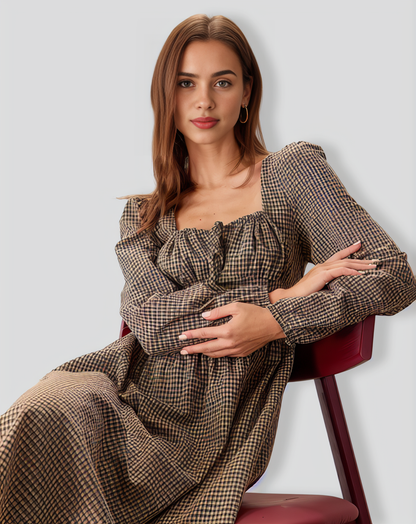 Brown Plaid Square Neck Ruched Midi Dress