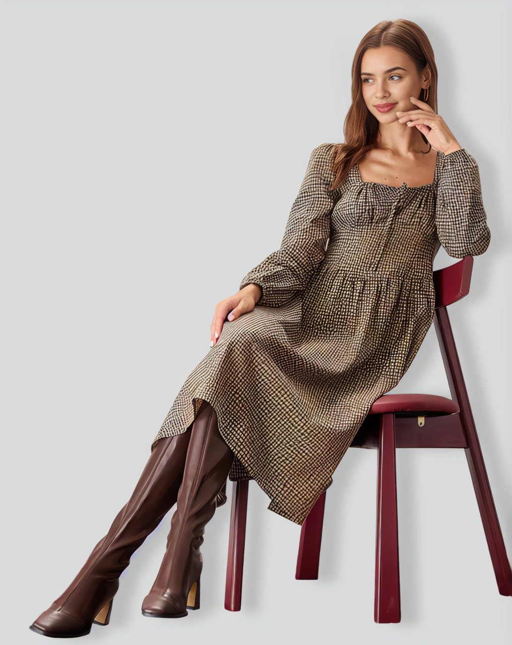 Brown Plaid Square Neck Ruched Midi Dress