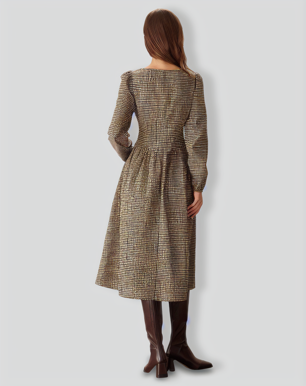 Brown Plaid Square Neck Ruched Midi Dress