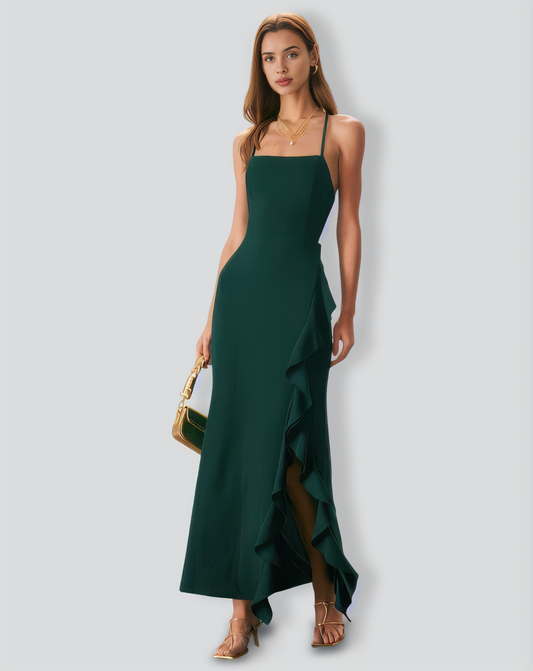 Green Ruffle Cross Back Strap Maxi Dress