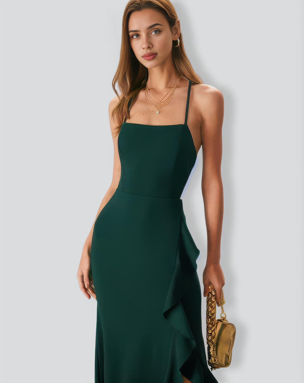 Green Ruffle Cross Back Strap Maxi Dress