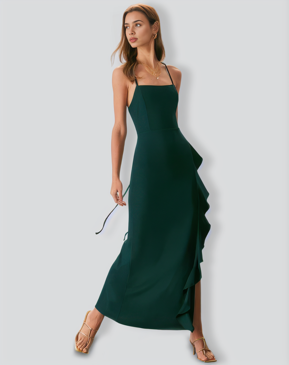 Green Ruffle Cross Back Strap Maxi Dress