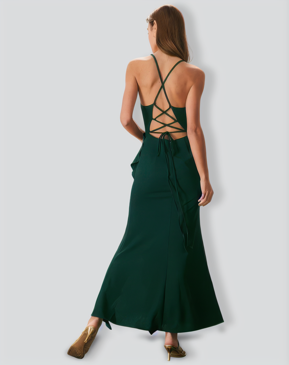 Green Ruffle Cross Back Strap Maxi Dress