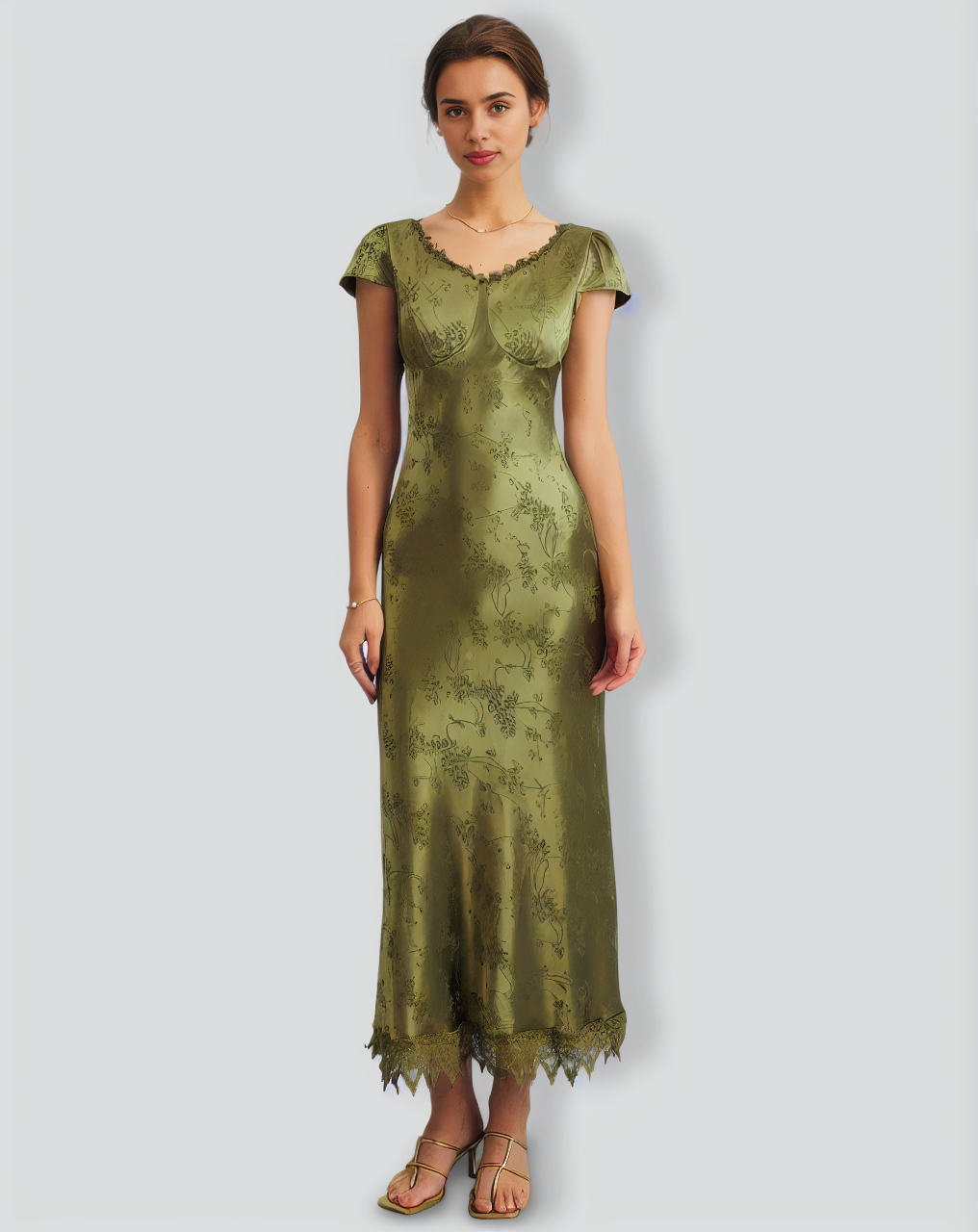 Green Jacquard Cap Sleeve Satin Midi Dress