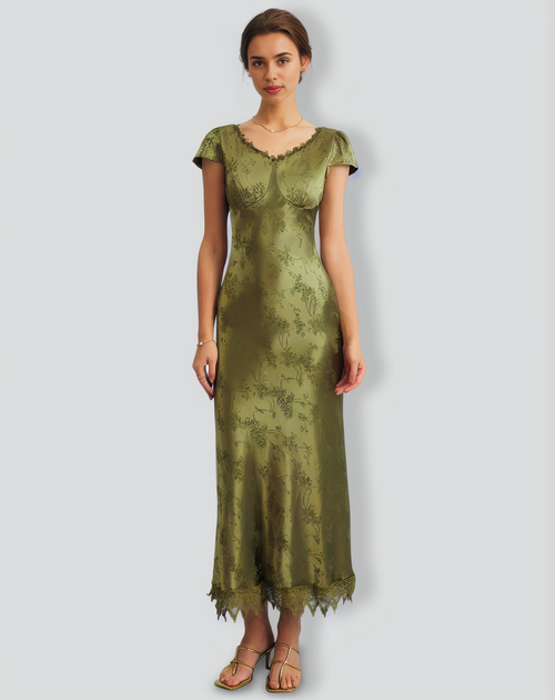 Green Jacquard Cap Sleeve Satin Midi Dress