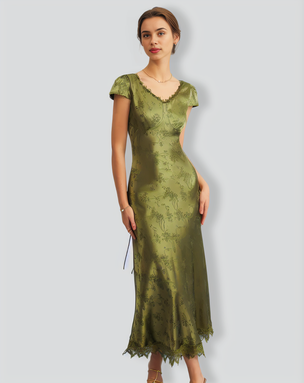 Green Jacquard Cap Sleeve Satin Midi Dress