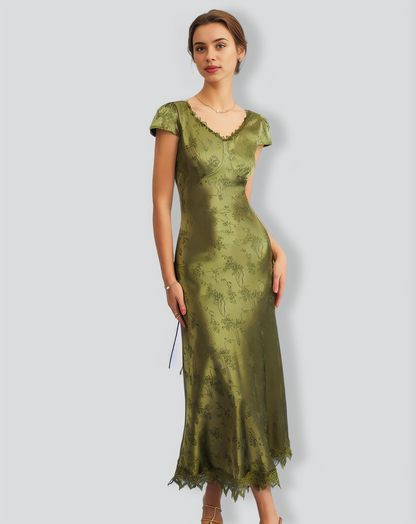 Green Jacquard Cap Sleeve Satin Midi Dress