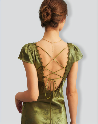Green Jacquard Cap Sleeve Satin Midi Dress