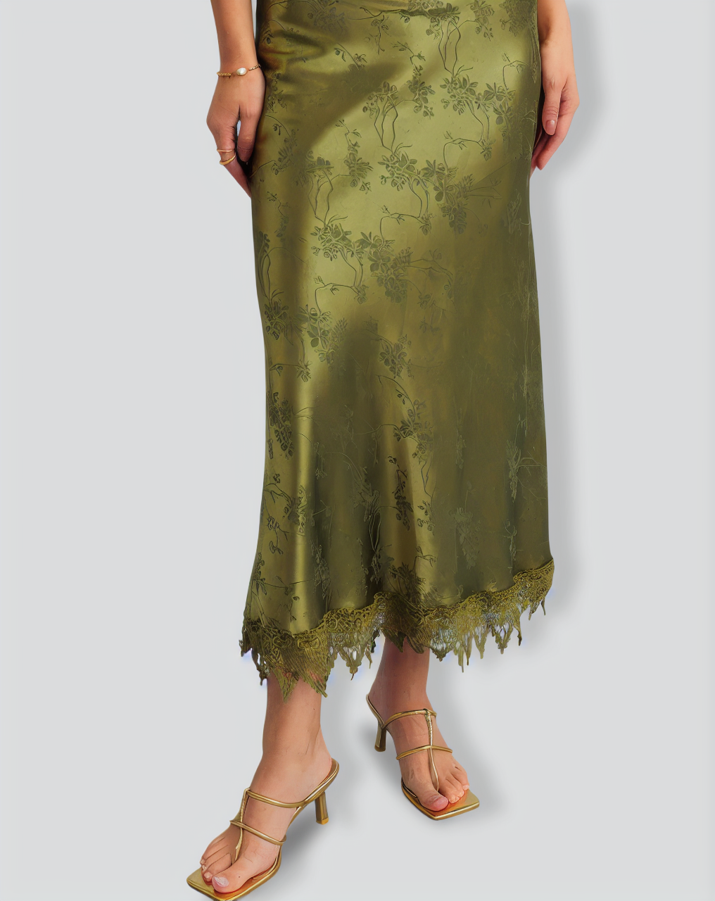 Green Jacquard Cap Sleeve Satin Midi Dress